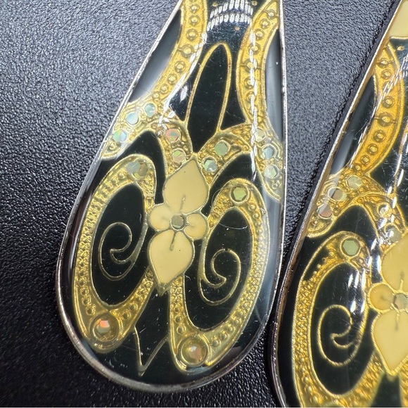 Vintage Gold Cloisonne Floral Art Deco Resin Teardrop Dangle Earrings - Picture 4 of 8